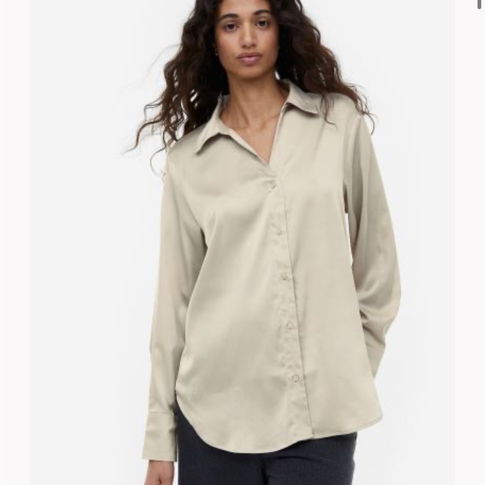 H&M V neck satin look blouse (washable!) WOW price tan Large L